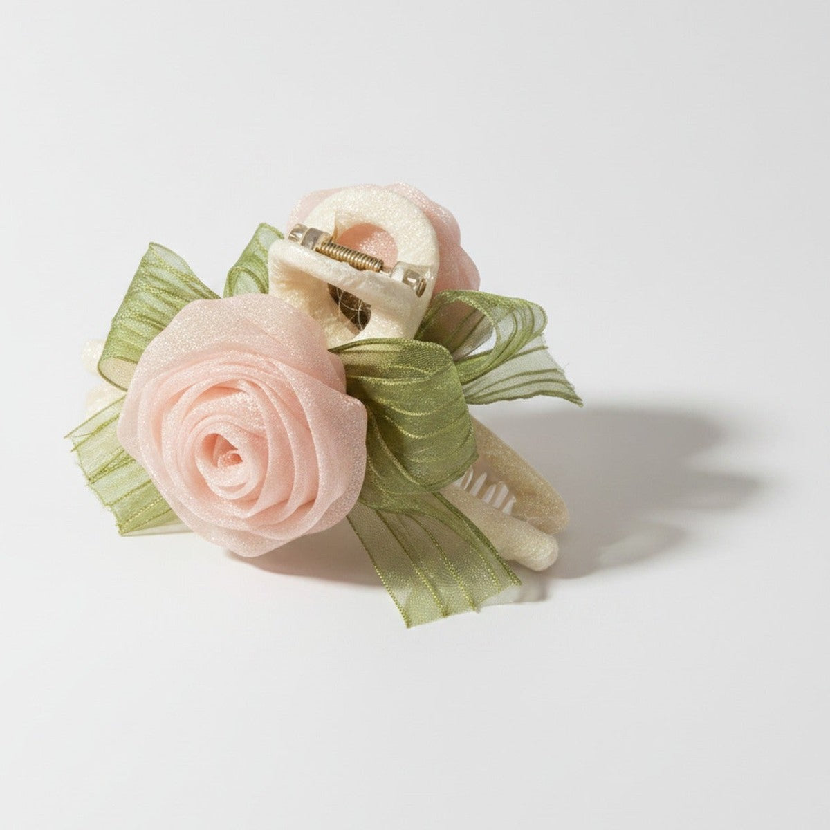 Rose Flower Hair Claw Clip With Ribbon Bow - Pink Rose Claw Clip 11cm #2416 – hair accessories (view 1)