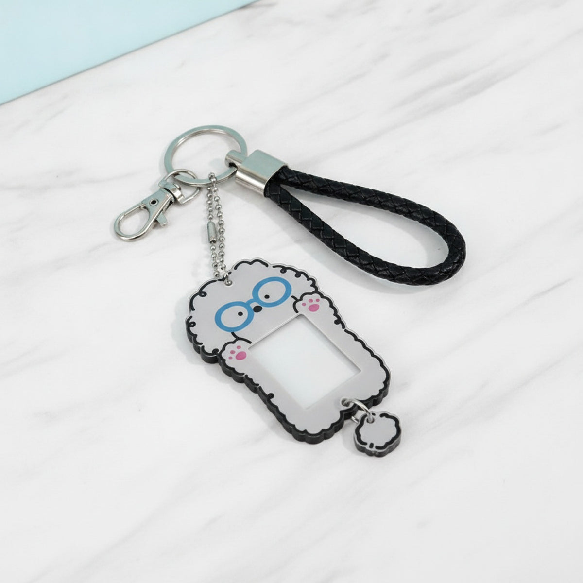 Puppy Photo Frame Keychain - Gray Pup Blue Glasses