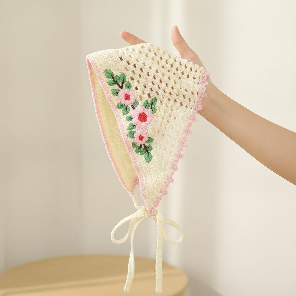 Crochet Floral Triangle Headwrap - Pink