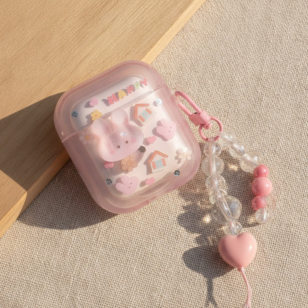 3D Flower AirPods Case with Beaded Charm - Pink Bunny House (for AirPods 3)