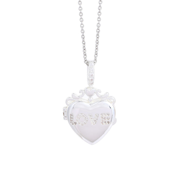Gold Plated Heart Photo Locket Rhinestone Necklace - Silver