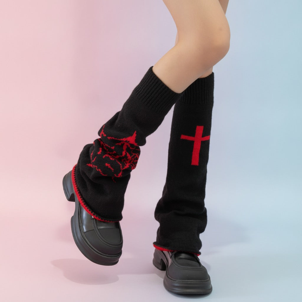 Gothic Cross Knit Arm Warmers - Black & Red