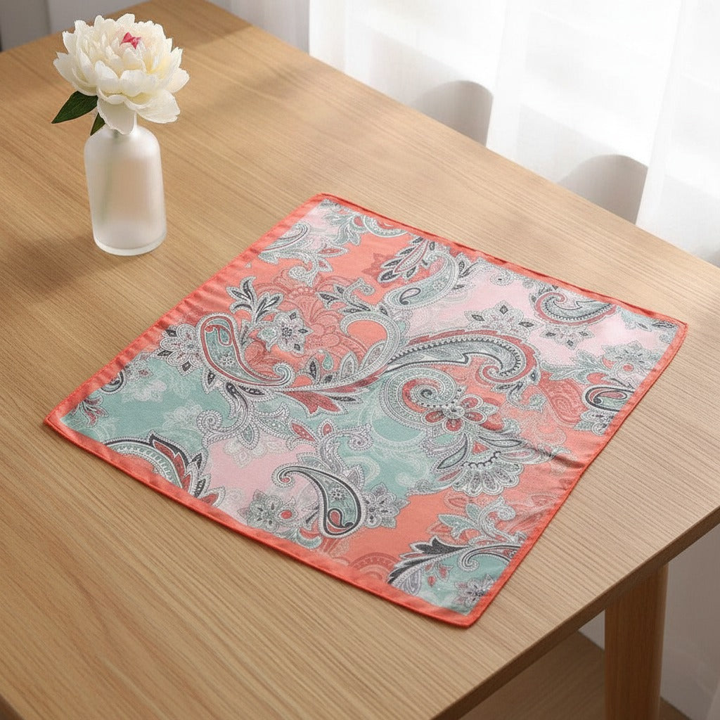 Paisley Patchwork Square Scarf - Coral & Mint Mix