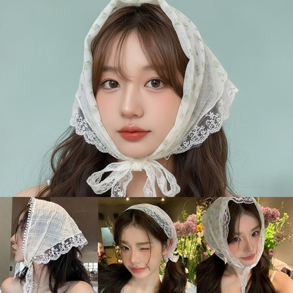 Embroidered Floral Mini Bonnet Headwrap - Green Floral