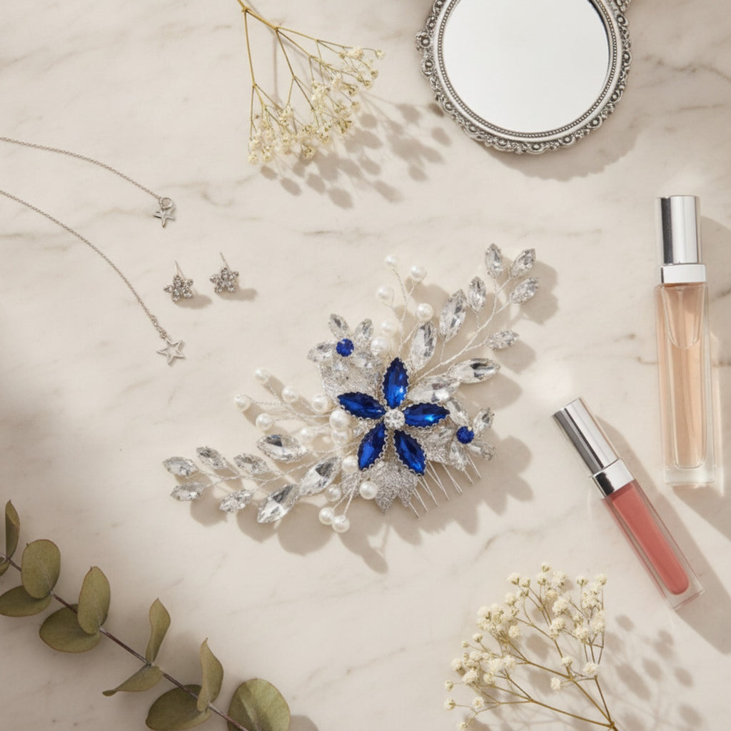 Crystal Floral Hair Comb Silver Blue Diamond