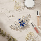 Crystal Floral Hair Comb Silver Blue Diamond