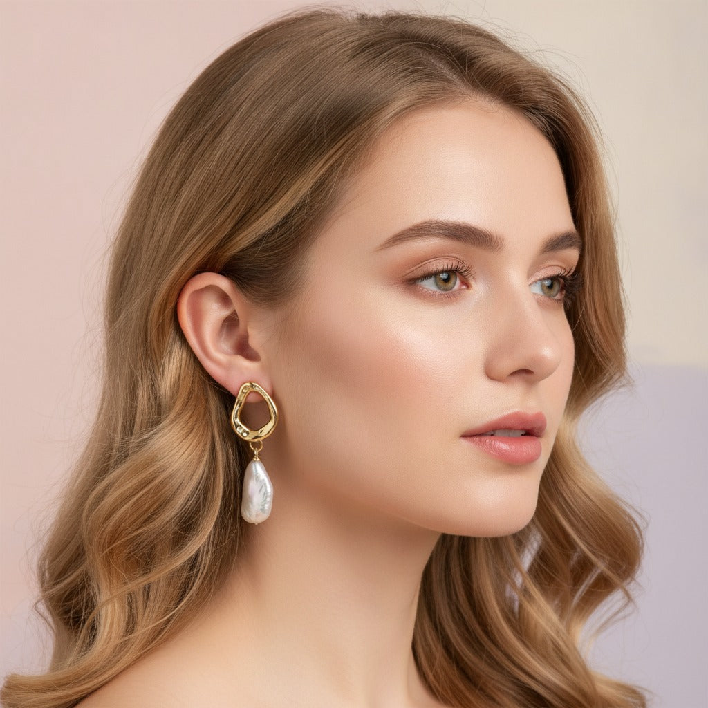 Baroque Pearl Drop Earrings - Gold Pearl