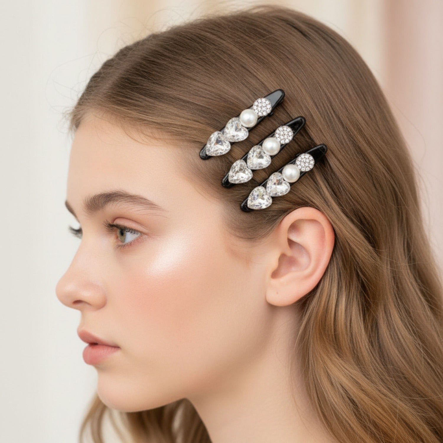 Rhinestone Black Clip Hair Pin Set Heart Pearl Rhinestone
