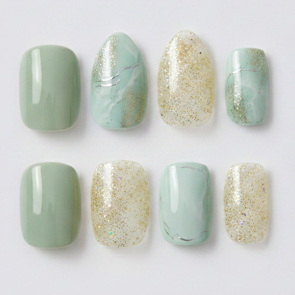 Sage Sparkle Press-On Nail Set - Sage & Gold