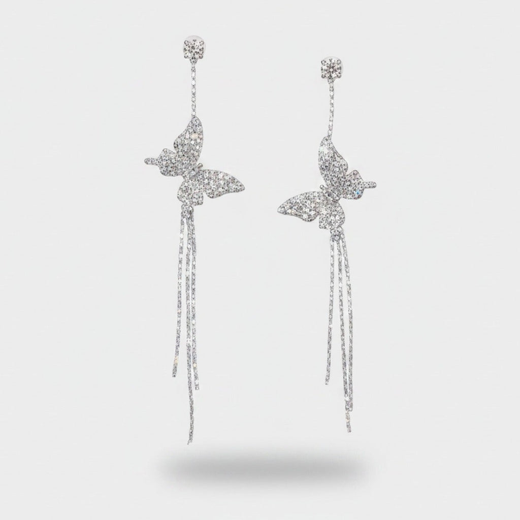 Butterfly Rhinestone Chain Drop Earrings Silver – jewelry (view 1)