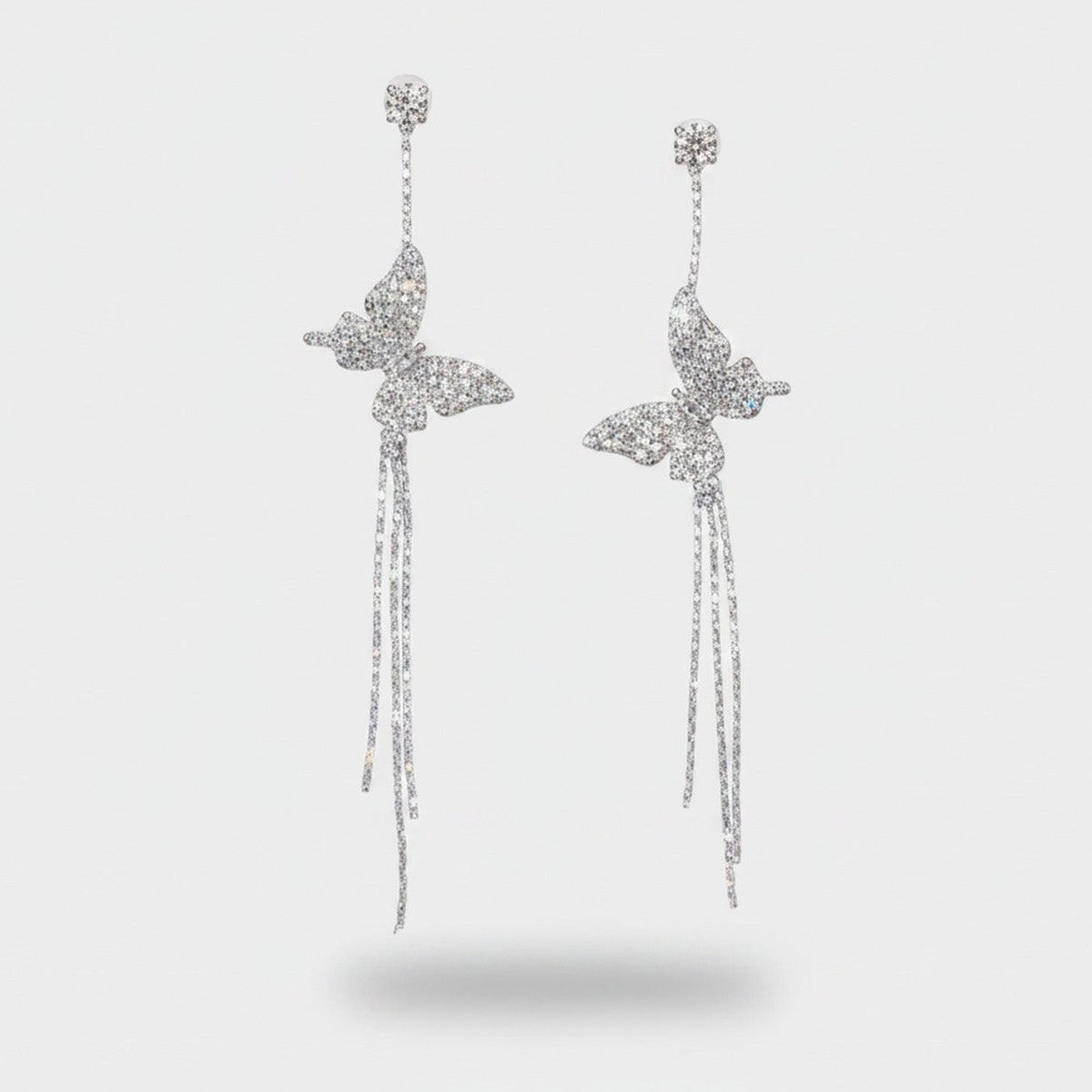 Butterfly Rhinestone Chain Drop Earrings Silver – jewelry (view 1)