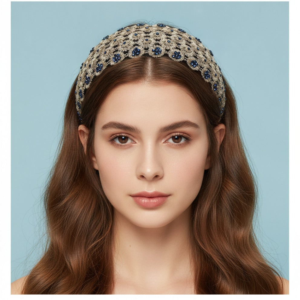 Embellished Daisy Padded Headband - Beige & Navy