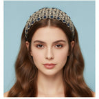 Embellished Daisy Padded Headband - Beige & Navy