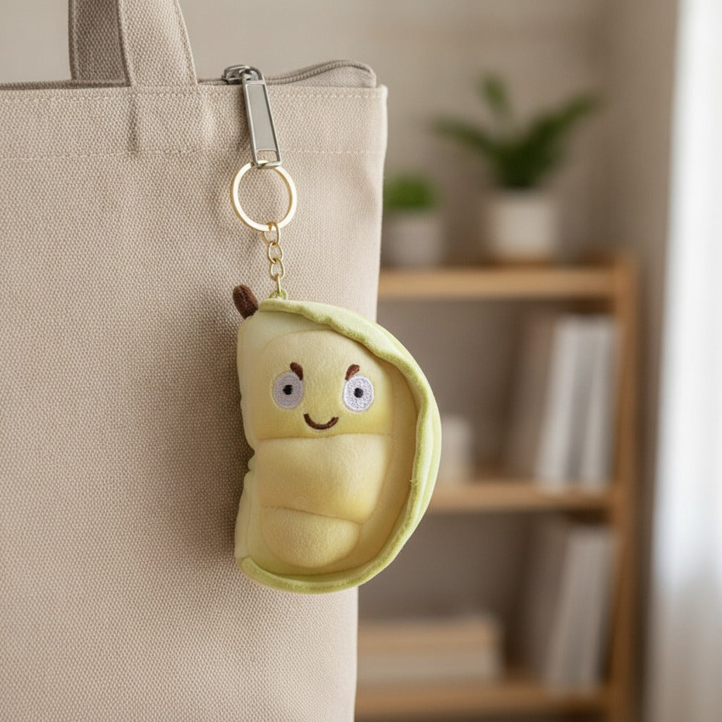 Happy Pea Pod Plush Keychain - Yellow