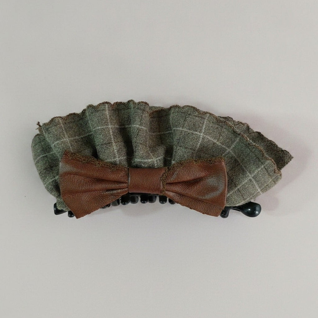 Green Plaid Wool Hair Claw With Brown Bow – hair accessories (view 1)