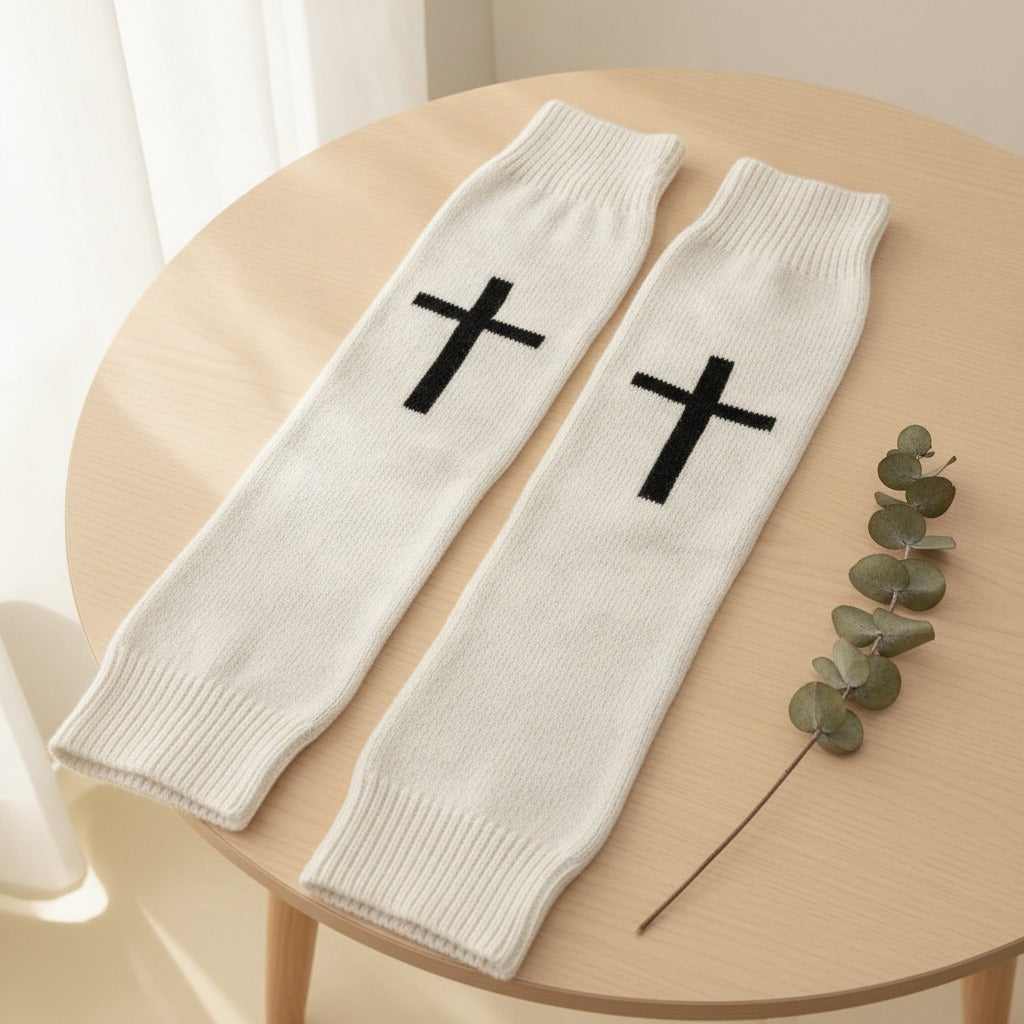 Gothic Cross Knit Arm Warmers - White
