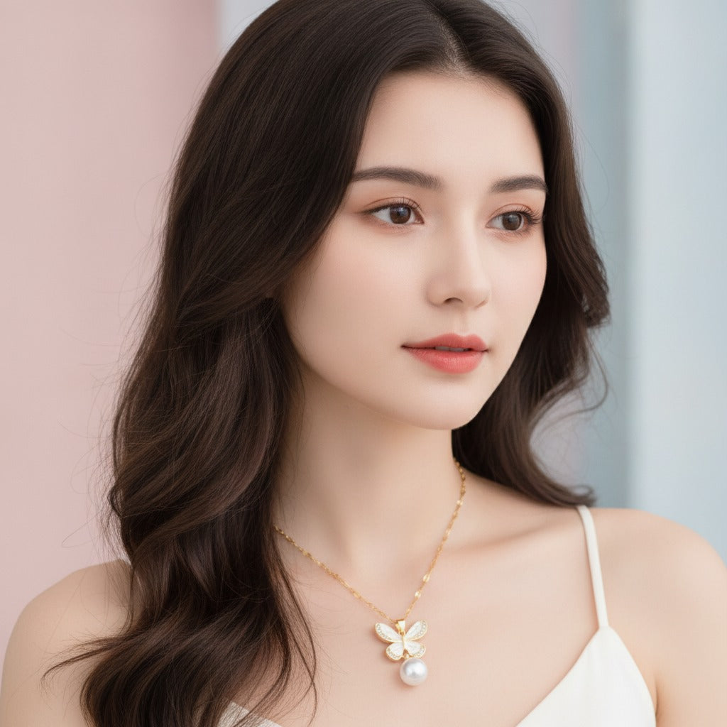 Butterfly Pearl Drop Necklace - Gold