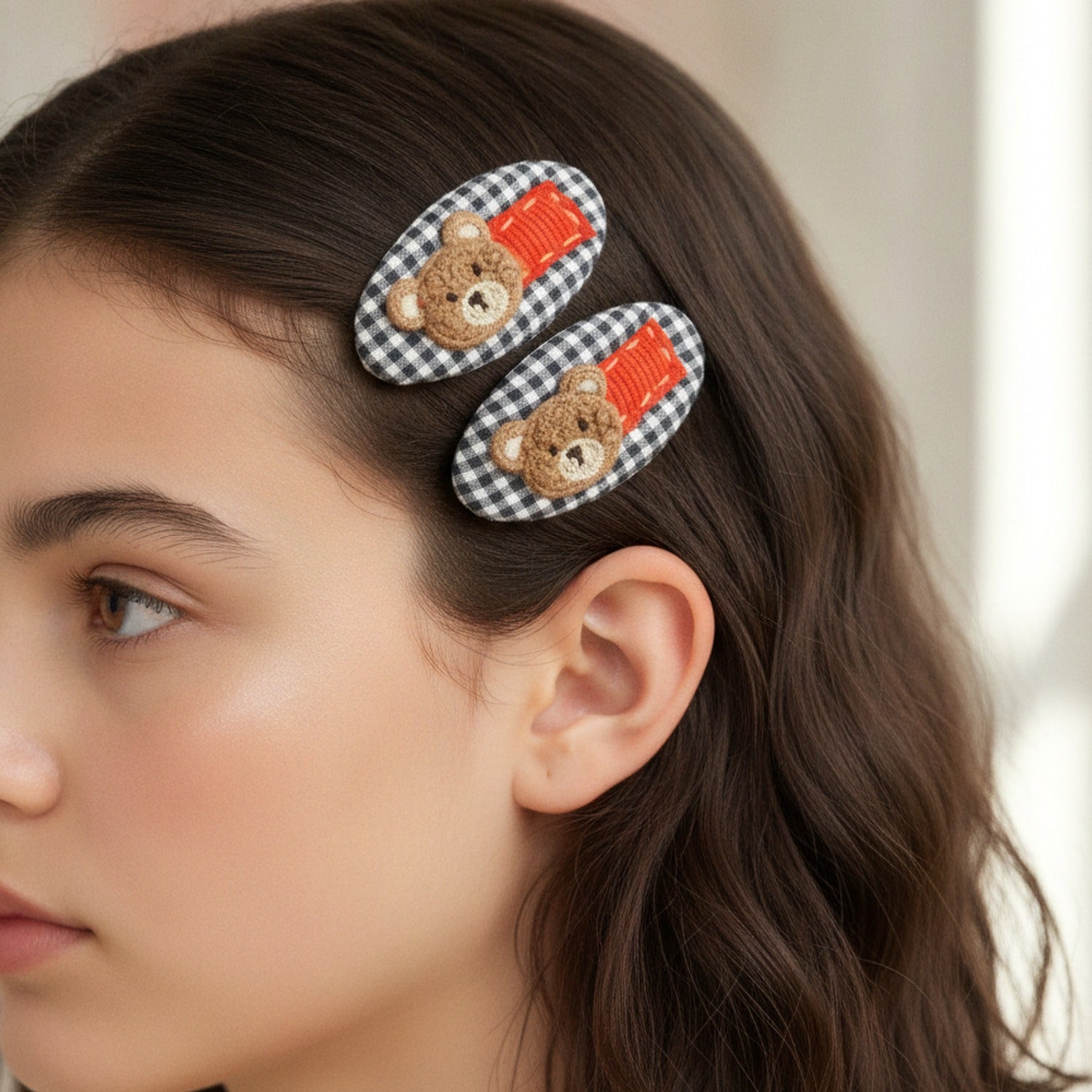 Teddy Bear Gingham Hair Clip Duo Black Gingham