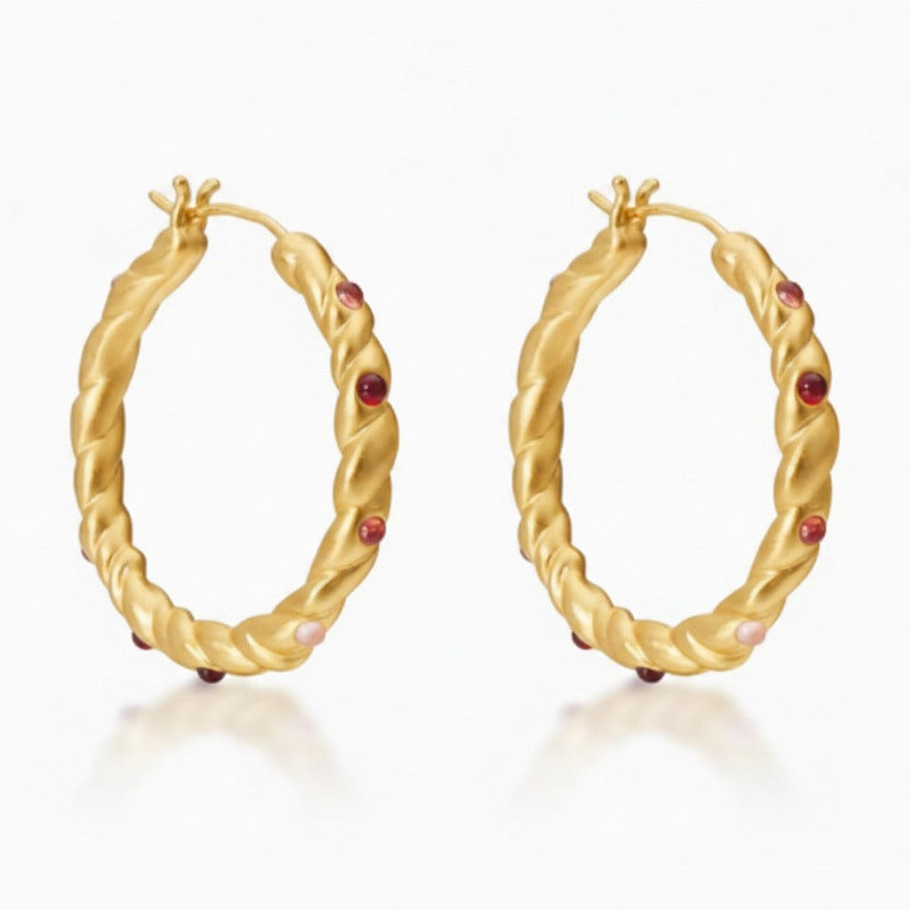 Twisted Hoop Earrings with Stone Accents - Gold