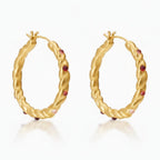 Twisted Hoop Earrings with Stone Accents - Gold