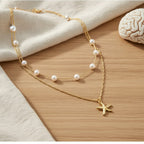 Layered Pearl Starfish Necklace - Gold Pearl