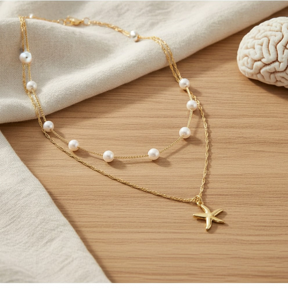 Layered Pearl Starfish Necklace - Gold Pearl