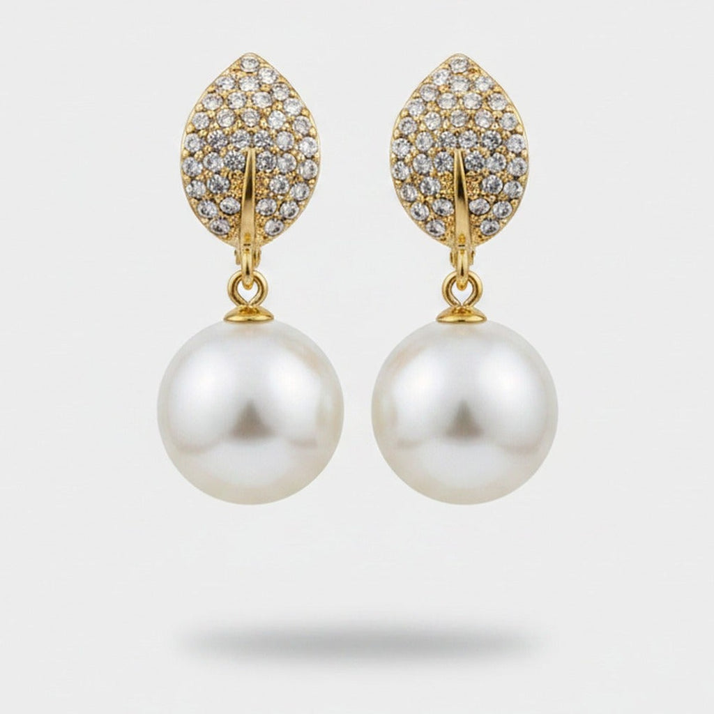 Pearl Drop Earrings With Rhinestone Leaf Studs – jewelry (view 1)