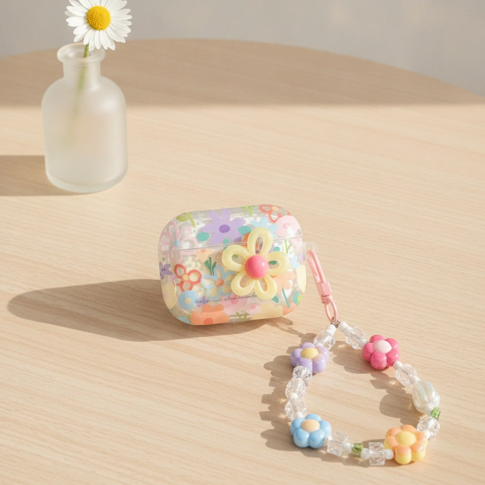 Floral Charm Earbud Case with Beaded Chain - Pastel Floral (for AirPods 4)