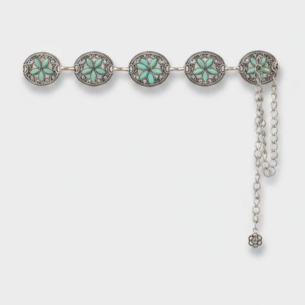 Turquoise Flower Chain Link Belt With Charm Drop – scarves & belts (view 1)
