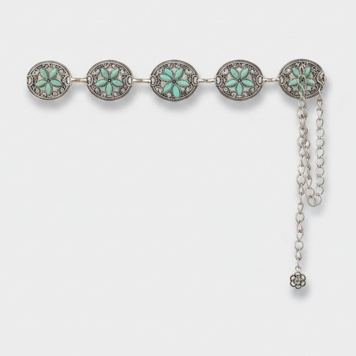Turquoise Flower Chain Link Belt With Charm Drop – scarves & belts (view 1)