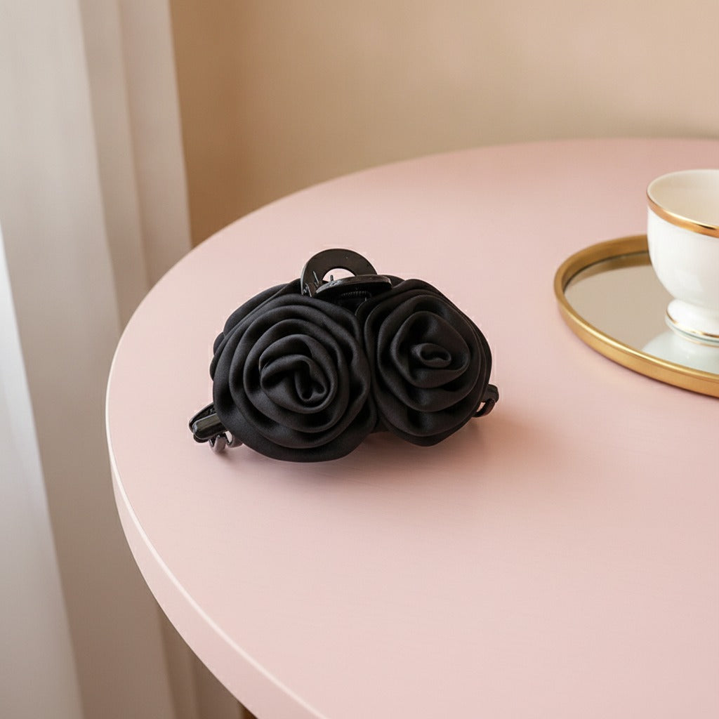Rose Silk Claw Hair Clip - Black