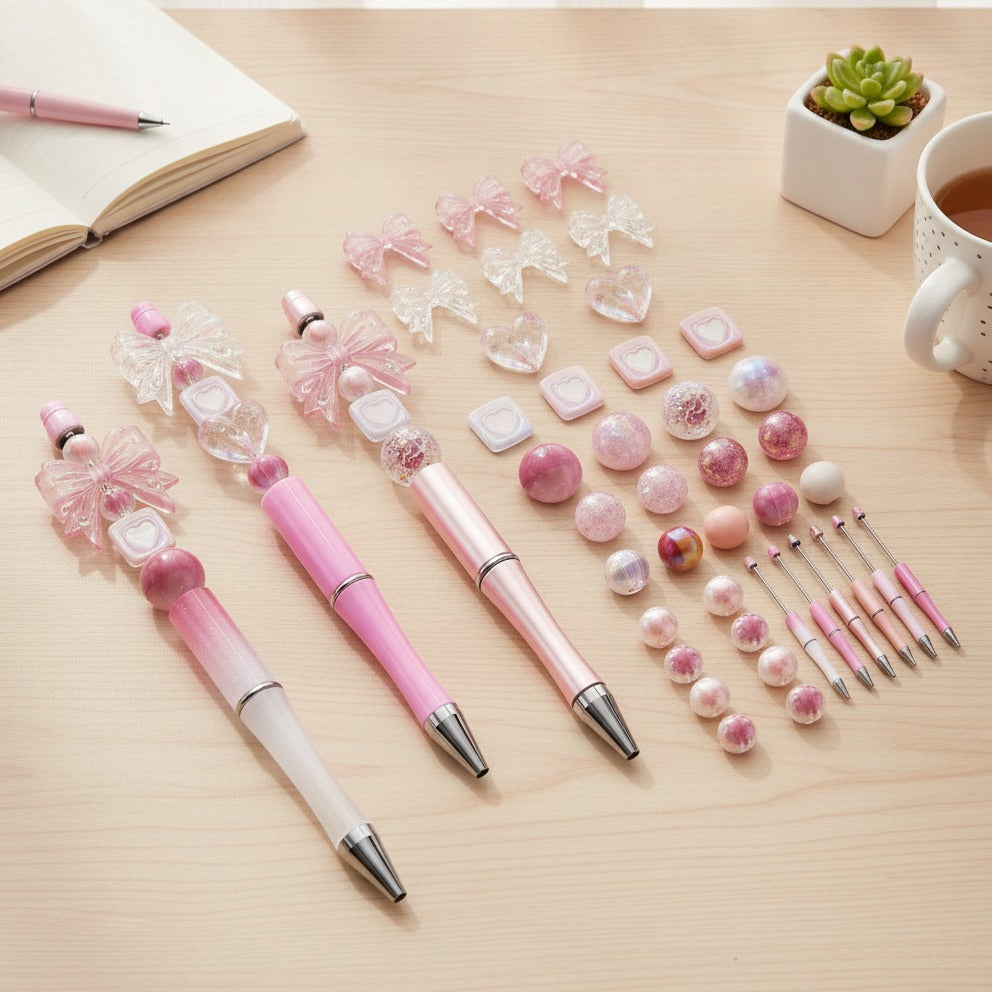Customizable Bead Pen & Charm Set - Pink Ribbon