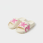 OK Slide Slippers White With Pink Text