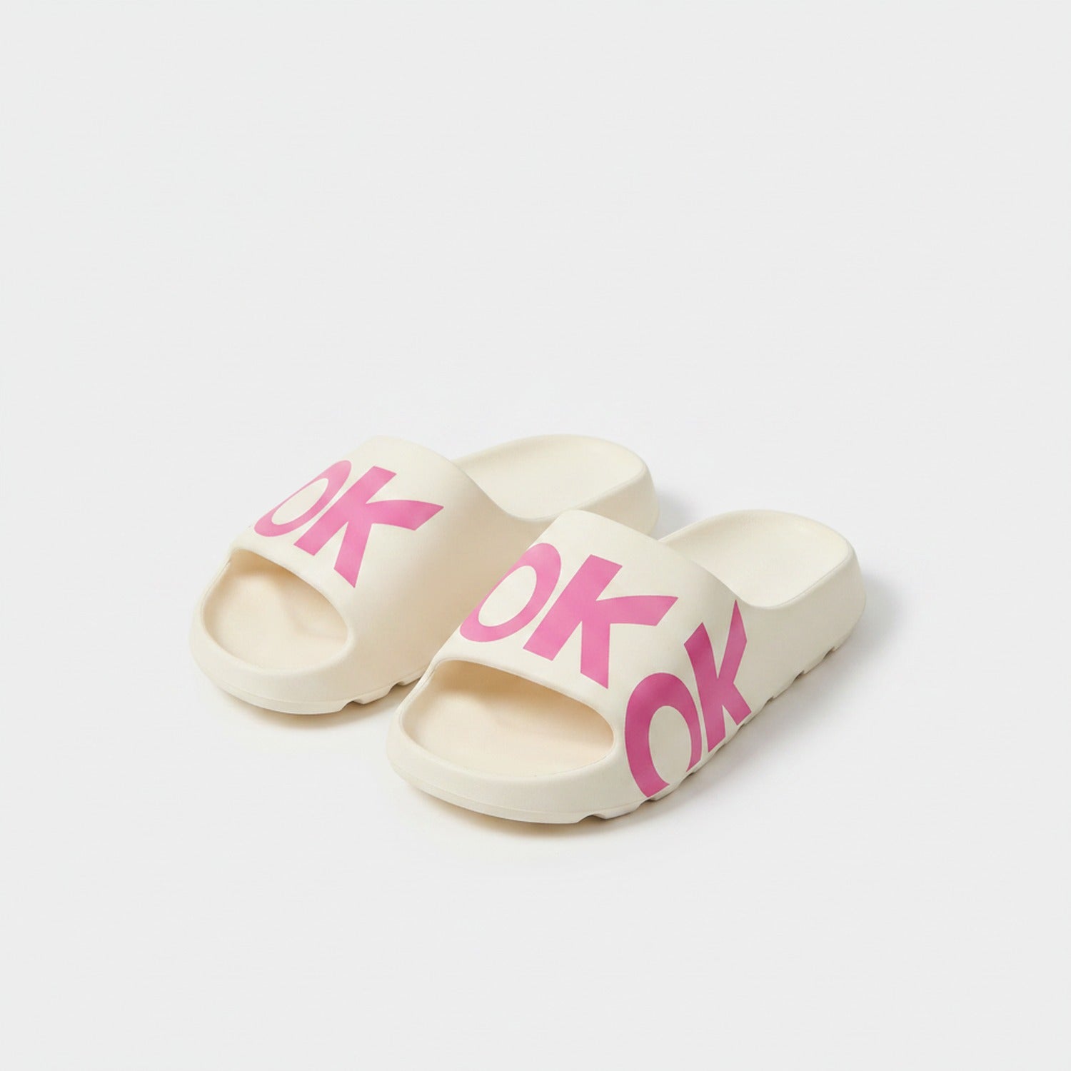 OK Slide Slippers White With Pink Text