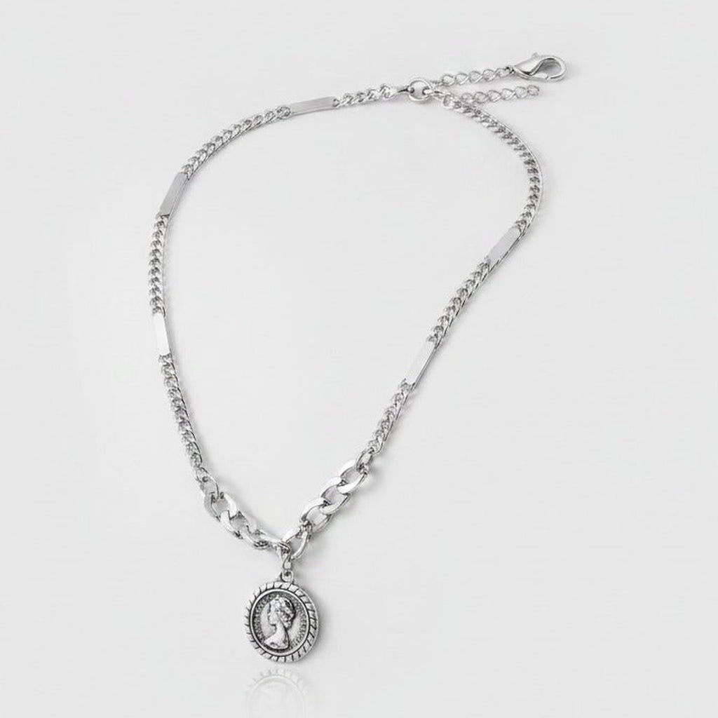 Coin Portrait Pendant Necklace - Silver