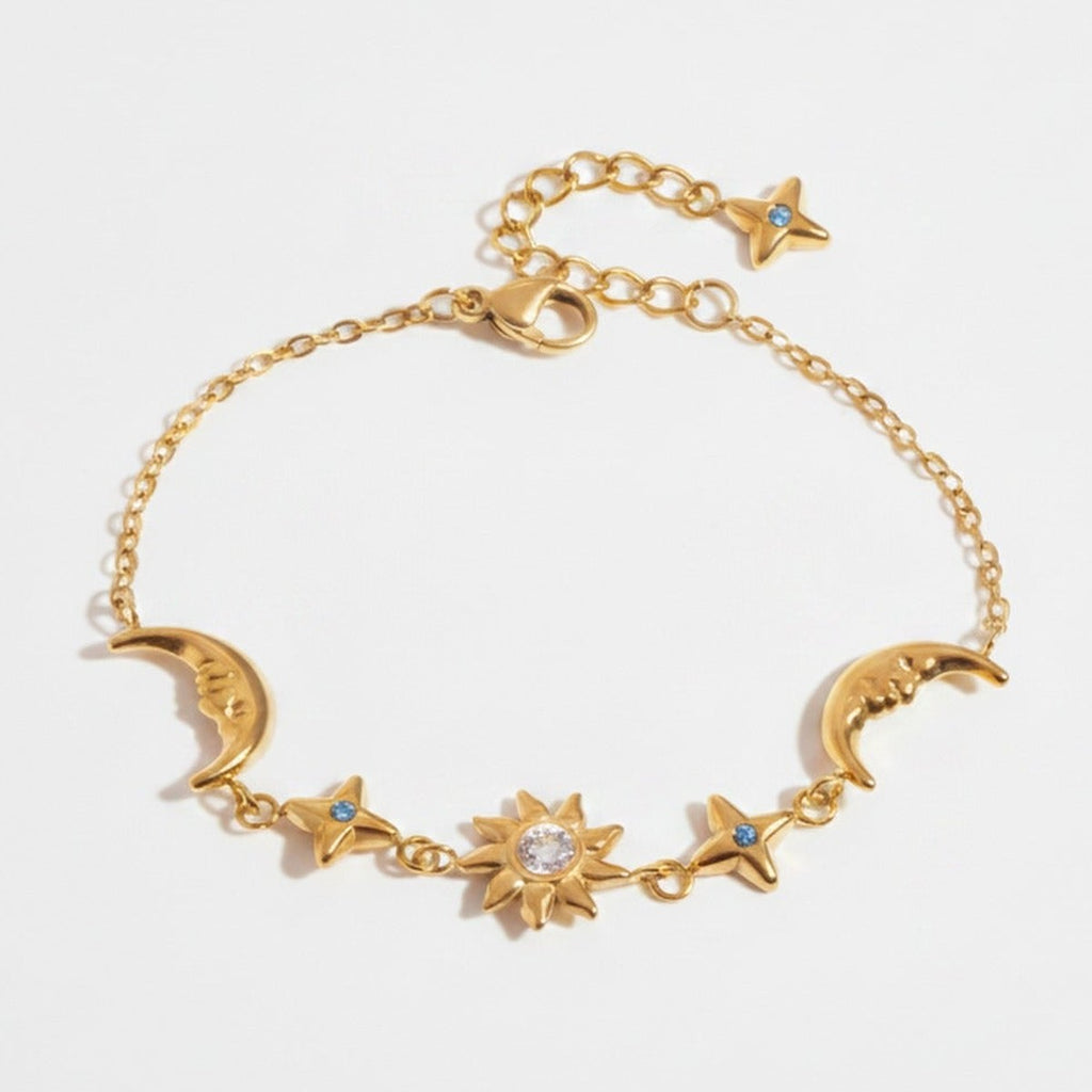 Star Charm Bracelet With Crystals - Gold Moon & Star – jewelry (view 1)