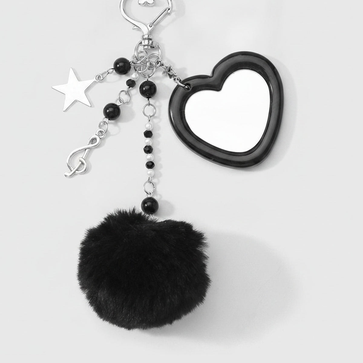 Heart Charm Keychain with Fluffy Pom - Black Pom Pom Keychain – novelty & toys (view 1)