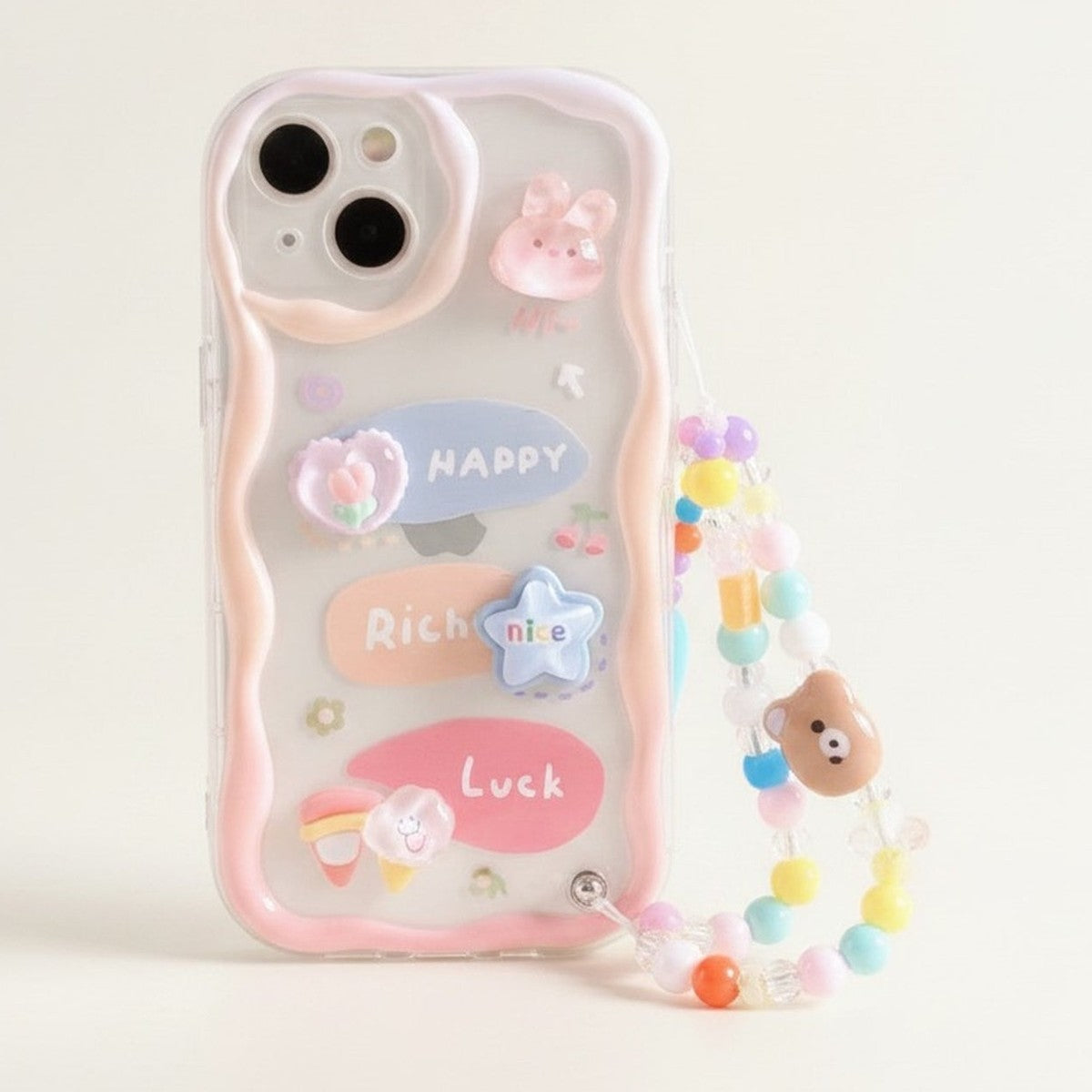 Transparent Wavy Edge Cute 3D Charm Phone Case with Beaded Strap – tech (view 1)