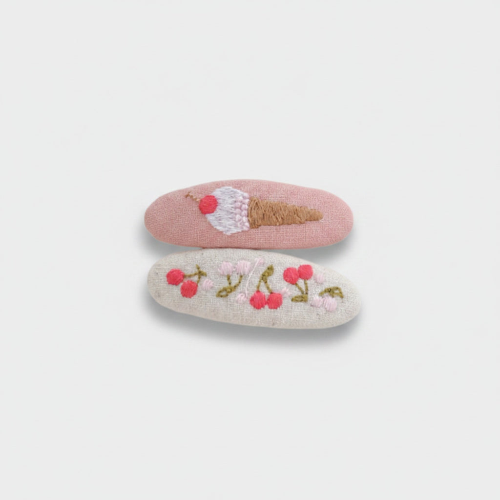 Embroidered Oval Hair Clip Duo Pink Ice Cream