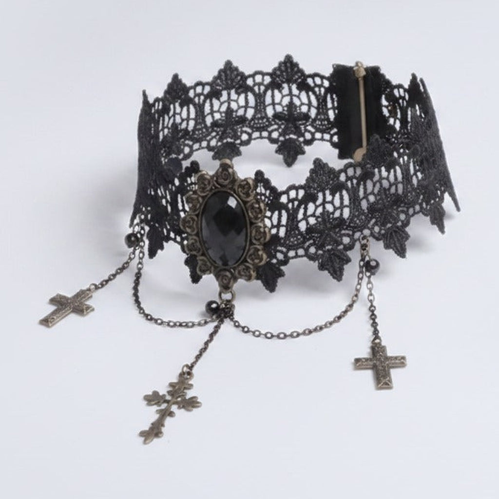 Gothic Lace Choker with Cross Charms - Black