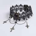 Gothic Lace Choker with Cross Charms - Black