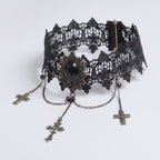 Gothic Lace Choker with Cross Charms - Black