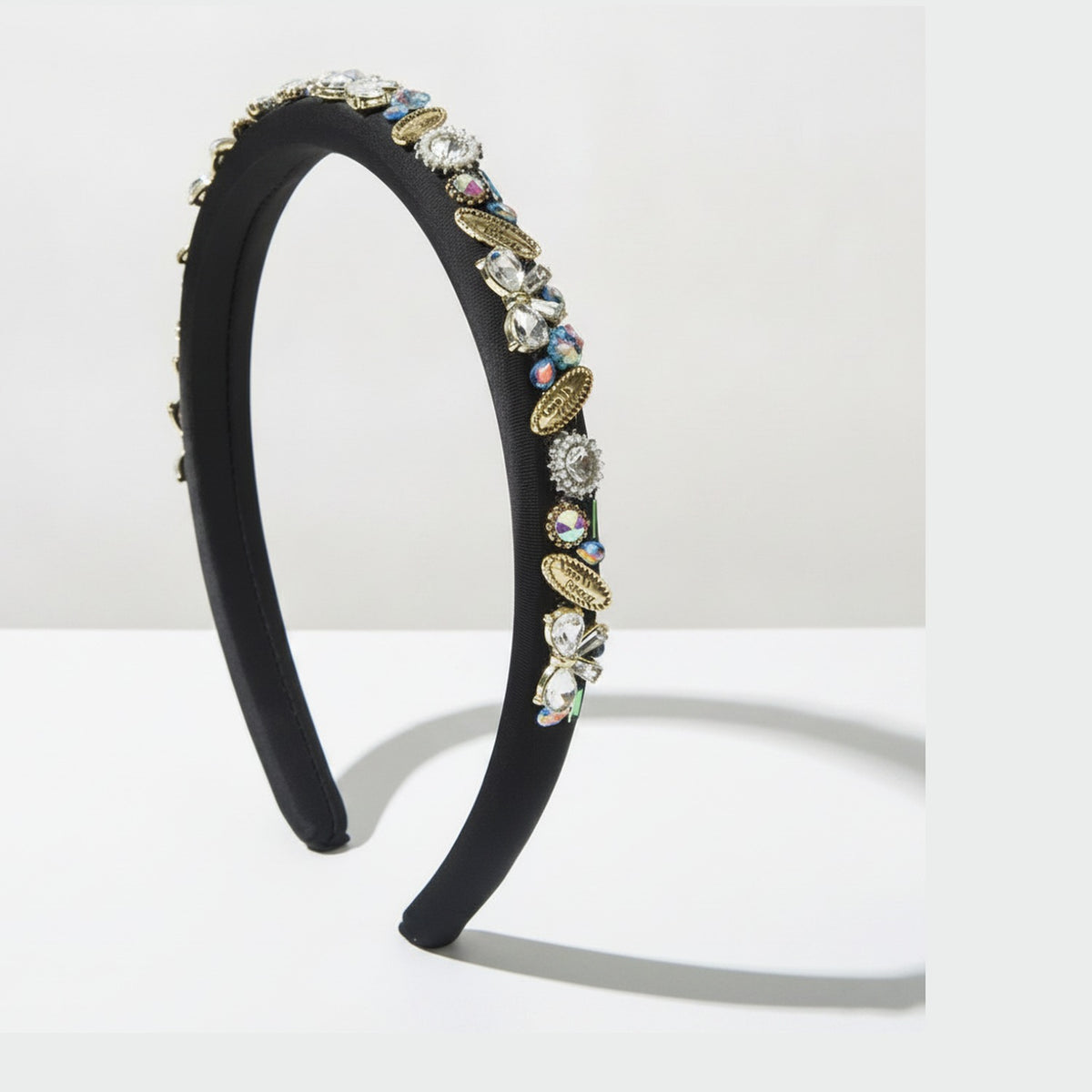 Padded Headband With Rhinestone Embellishments - Black – hair accessories (view 1)