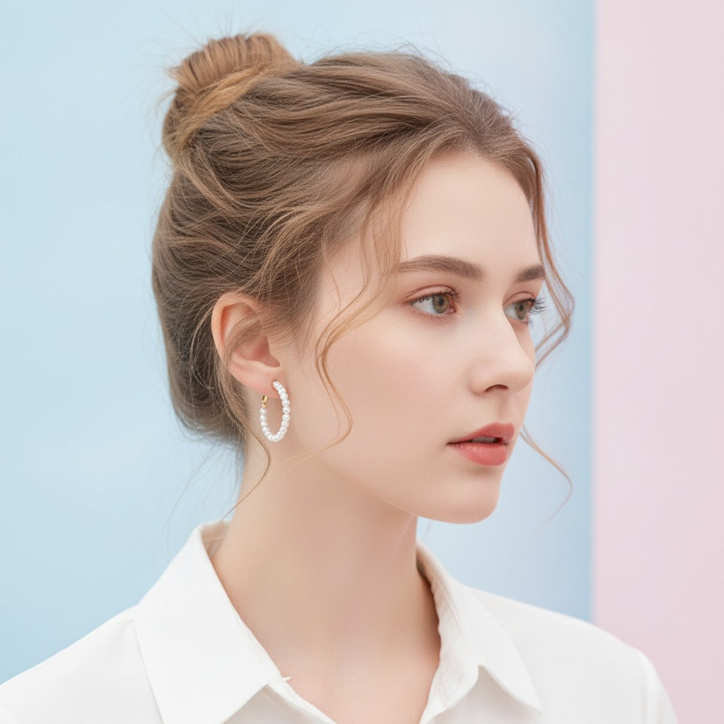 Pearl Beaded Hoop Earrings - Pearl & Gold