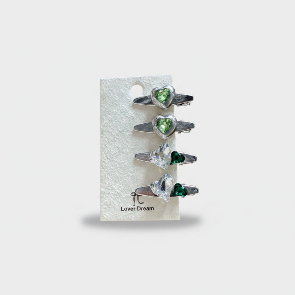 Gemstone Heart Claw Hair Clip Set Green Heart