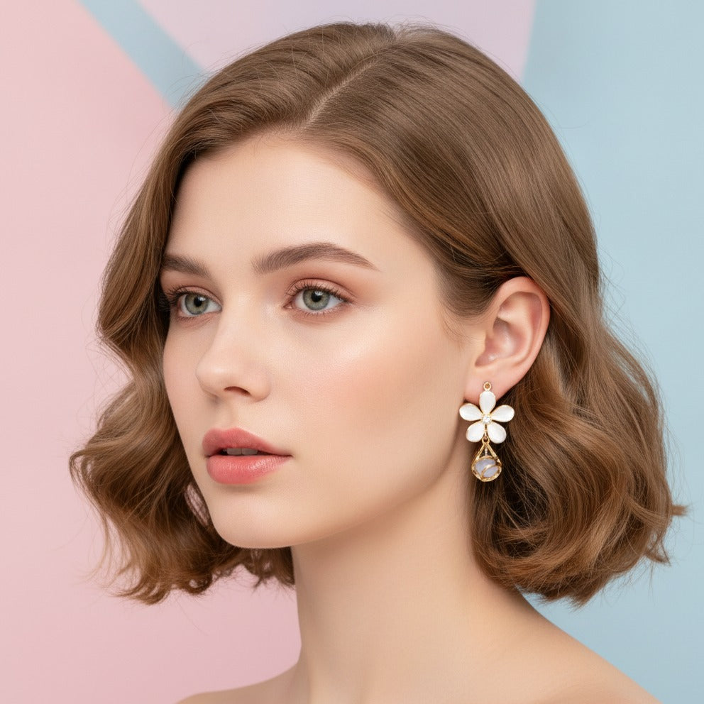 Flower Drop Dangle Earrings - White Pearl