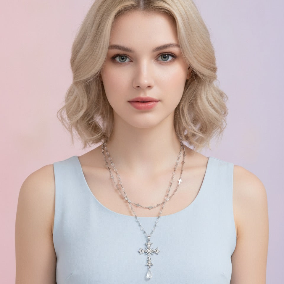 Layered Cross Crystal Pendant Necklace - Silver