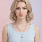Layered Cross Crystal Pendant Necklace - Silver