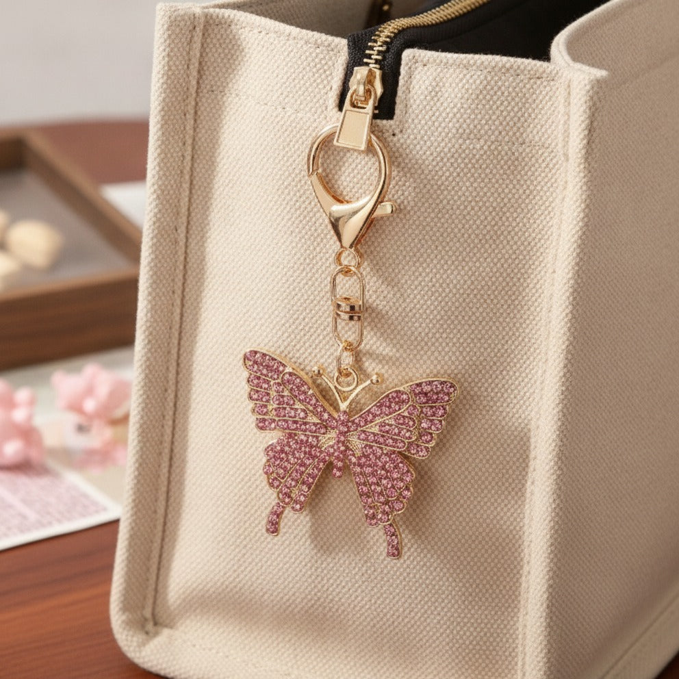 Colorful Butterfly Rhinestone Keychain - Pink