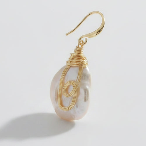 Baroque Pearl Wire Wrap Drop Earring - Gold